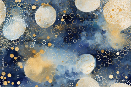 Seamless pattern: abstract watercolor background with geometric and circular shapes, irregular curvilinear forms, pointillist dots and dashes. AI generated © Dasha Yurk