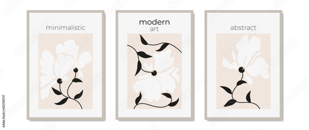 Abstract set of floral posters. . Modern fashionable minimalist style, botanical minimalism. Handmade design for wallpaper, wall decor, fabric, card, cover, template, banner.