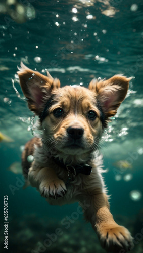 Dog underwater swimming face