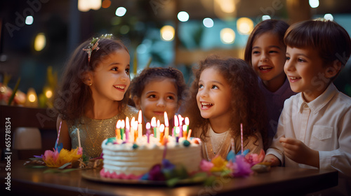 Kids looking at birthday cake with candles  having celebration of birthday party