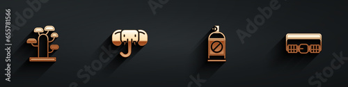 Set African tree, Elephant, Spray against insects and Hunting cartridge belt icon with long shadow. Vector
