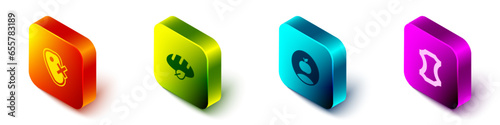 Set Isometric No meat, Vegan bread loaf, Apple and Leather icon. Vector