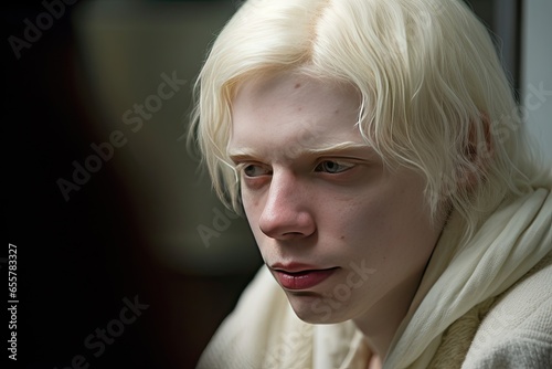 Young albino man with long hair. Photo-realistic 3d art. Portrait.