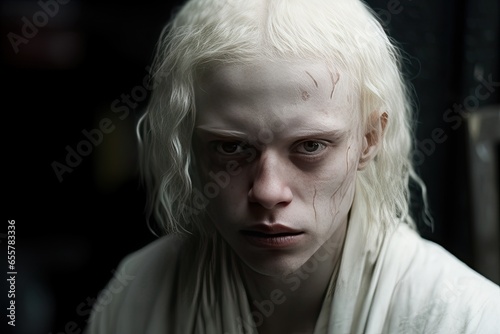 Albino teenager boy in white. Realistic portrait. Close-up.