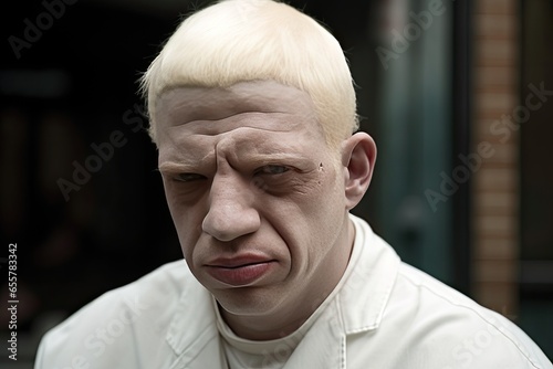 Portrait of adult albino man looking at camera. Lifelike portrait.