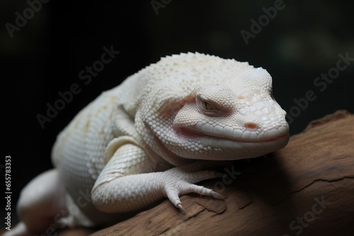 Albino reptile on tree log. Photo-realistic 3d art.