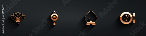 Set Lotus flower, Chinese paper lantern, Peach fruit or nectarine and Yin Yang symbol icon with long shadow. Vector