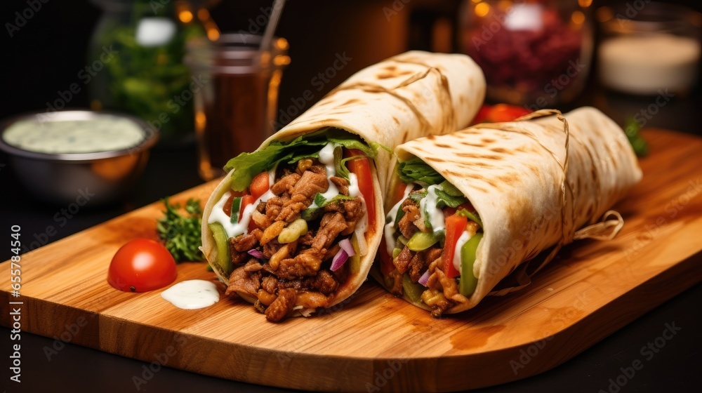 Delicious shawarma served on wooden board on table in cafe
