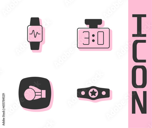Set Boxing belt, Smart watch with heart, glove and Sport mechanical scoreboard icon. Vector
