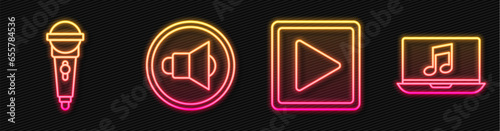 Set line Play in square, Microphone, Speaker volume and Laptop with music note. Glowing neon icon. Vector
