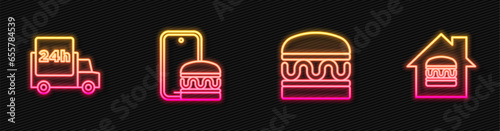 Set line Burger, Fast delivery by car, Online ordering and and . Glowing neon icon. Vector