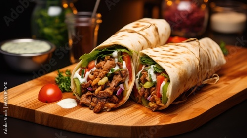 Delicious shawarma served on wooden board on table in cafe