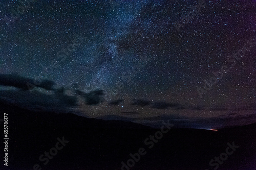 Night shot of the milky galaxy, as seen from Death Valley on a stormy night.