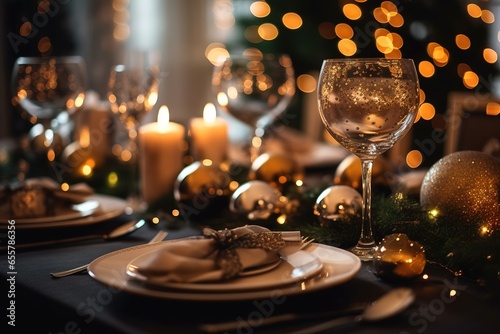 Beautiful table setting with Christmas decorations in living room photo