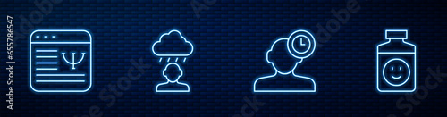 Set line Insomnia, Online psychological counseling, Depression and frustration and Antidepressants. Glowing neon icon on brick wall. Vector