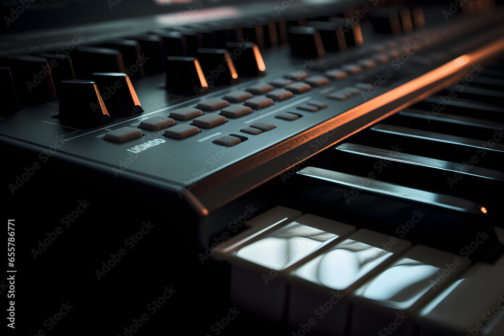 Close up of hands of musician playing on electronic piano keyboard, shallow depth of field, creative, performance, music concept Close up of hands of musician playing on electronic piano keyboard, shallow depth of field, creative, performance, music concept