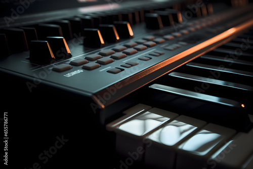Close up of hands of musician playing on electronic piano keyboard, shallow depth of field, creative, performance, music concept