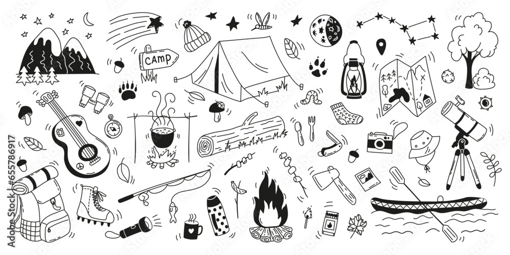 Set hand drawn doodle camping elements. Camping and hiking items. Outdoor recreation concept. Tent, campfire, boat, guitar, bagpack, stars, telescope, map. Flat vector illustration on white background - obrazy, fototapety, plakaty 