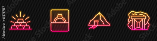 Set line Gold mine, bars, Diamond engagement ring box and . Glowing neon icon. Vector