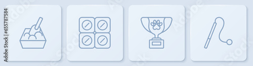Set line Cat litter tray with shovel, Pet award symbol, Dog pill and cat toy. White square button. Vector