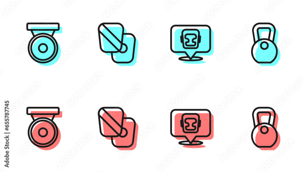 Set line Boxing helmet, gong, training paws and Weight icon. Vector Set line Boxing helmet, gong, training paws and Weight icon. Vector
