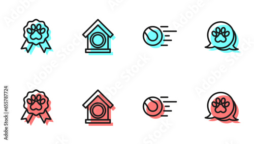 Set line Pet toys ball, award symbol, Dog house and Paw print icon. Vector