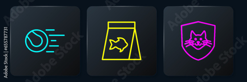 Set line Pet toys ball, Animal health insurance and Food for fish. Black square button. Vector