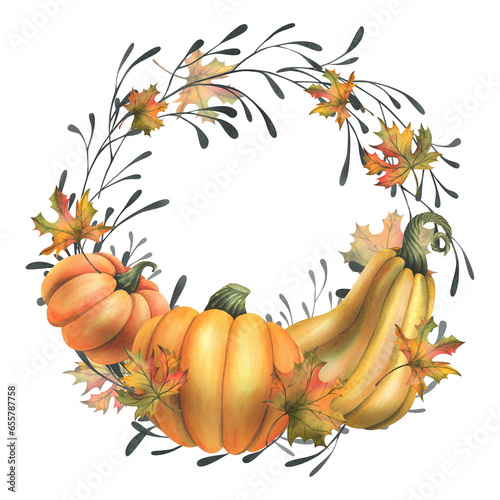 Orange autumn pumpkins with maple leaves and twigs. Watercolor illustration, hand drawn. Circle, round frame, wreath, template on a white background