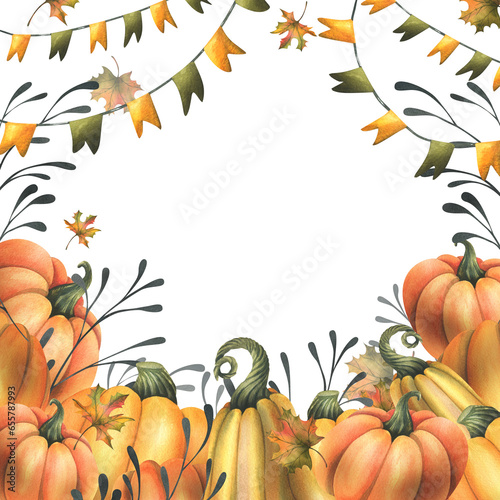 Orange autumn pumpkins with maple leaves, flags garland and twigs. Watercolor illustration, hand drawn. Template,  on a white background