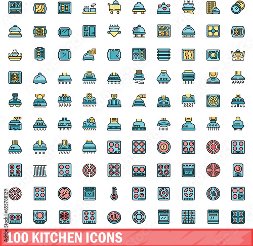 100 kitchen icons set. Color line set of kitchen vector icons thin line color flat on white