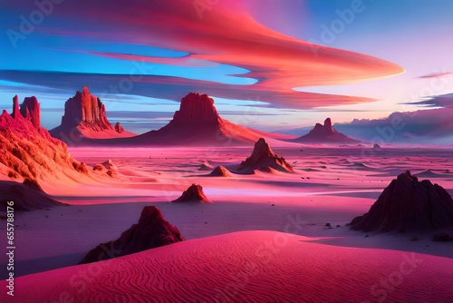 An otherworldly alien landscape with bizarre flora  strange rock formations  and a surreal sky painted in vibrant and unearthly colors