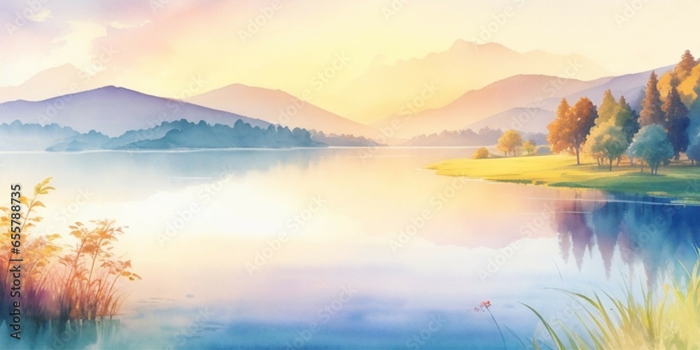 Watercolor Tranquil Lake. Digital Watercolor Illustration. HD Watercolor Wallpaper. Children Story Book Illustration. 2d Watercolor Illustration. Generative AI