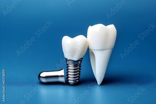 Dental tooth implant isolated on blue background. Oral health, Dental care clinic concept