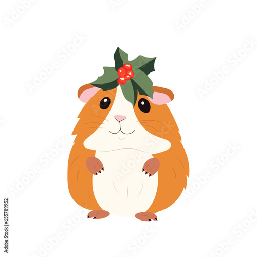 Little red guinea pig with Christmas mistletoe on his head sits on a white background