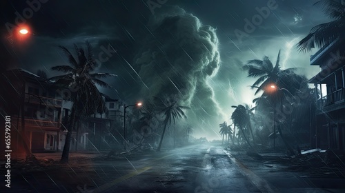Hurricane Also Called Tornado or Typhoon with Lightnings and Twister in the Storm on a City Street with Palms Natural Disasters in Towns Caused by the Climate Change 3d Illustration Digital Painting
