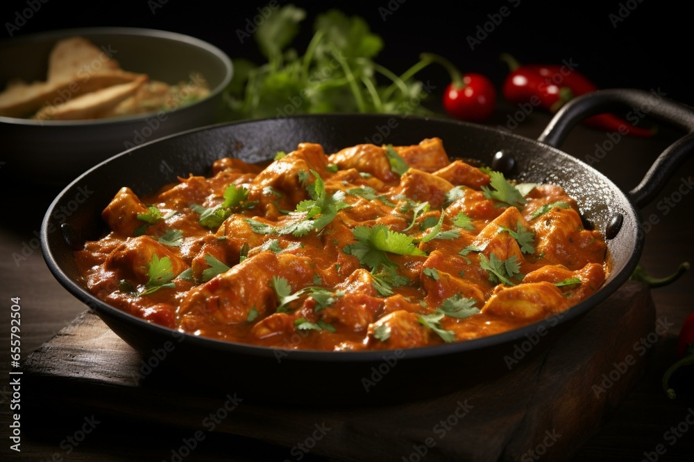 Spicy Indian chicken curry in a balti dish. Generative AI