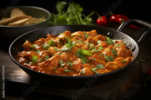 Spicy Indian chicken curry in a balti dish. Generative AI photo