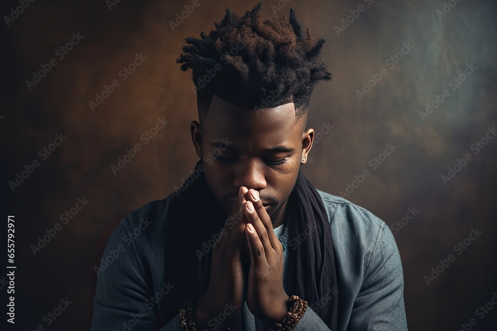 portrait of a young black African man praying isolated on dark background , . High quality photo - obrazy, fototapety, plakaty 