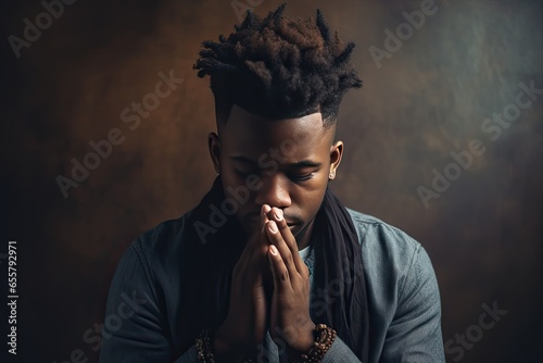 portrait of a young black African man praying isolated on dark background , . High quality photo