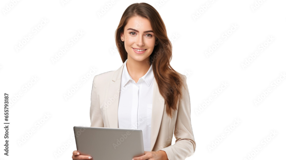 Portrait of young smiling woman holding laptop and looking at the camera. Transparent background or PNG file. Generated by AI Portrait of young smiling woman holding laptop and looking at the camera. Transparent background or PNG file. Generated by AI