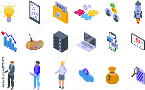 Product Development icons set isometric vector. Benefit plan. Team agile