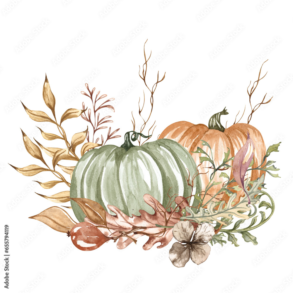 Watercolor autumn composition in vintage style. Hand painted pastel pumpkins with dried leaves and twigs. Harvest composition.