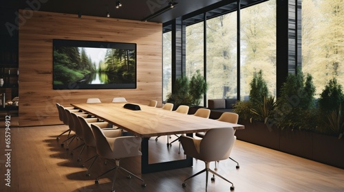 Technology and Elegance: Conference Room with a Grand TV Screen, Wooden Accents, and Sleek Black Chairs