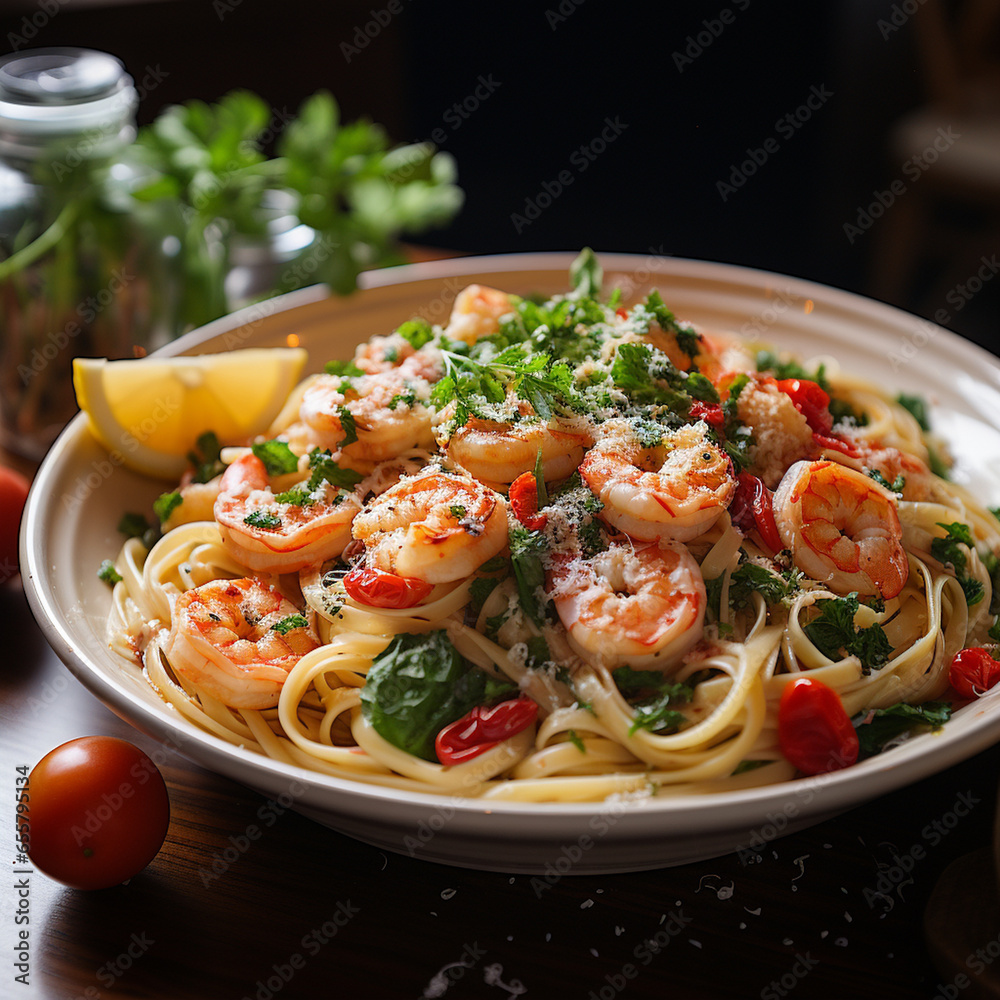 A plate of pasta with shrimp A plate of pasta with shrimp