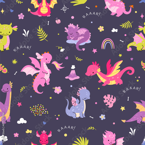 Cartoon dragon seamless pattern. Cute dragons and rainbow childish fabric print. Mythology animal characters, funny flat nowaday vector template