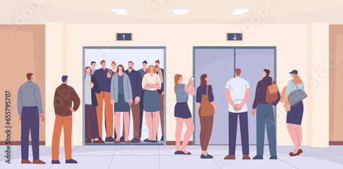 People crowd in elevator. Cartoon characters in office mall or hotel. Women and men go to work, stand in lift and closed door, kicky vector scene