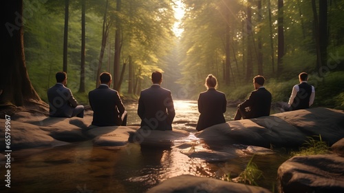 Diverse group of corporate business people practicing mindfulness and meditation in serene forest. Tranquility effect of nature, away from the the corporate world to find mental peace and strength. photo