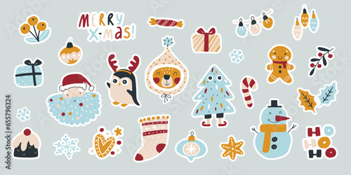 Christmas planner stickers collection. Funny cute characters and decor in a simple hand-drawn modern childish style. Vector illustration in limited trend palette.