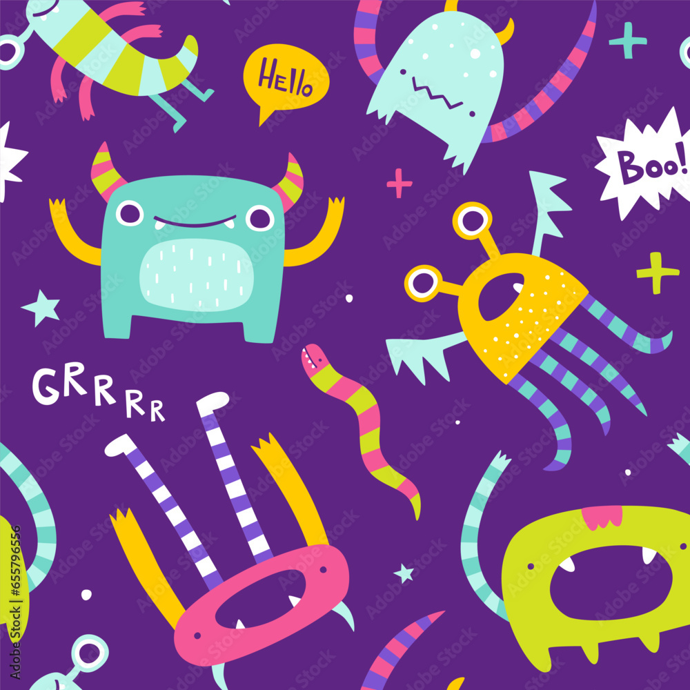 Seamless bright pattern with weird monsters for baby. Abstract vector print with stylized monsters for kids textile.