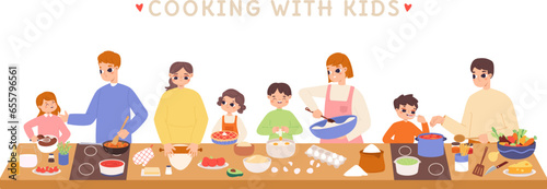 Cooking with children on workshop. Adults and kids prepare raw ingredients. Happy time family or friends together, culinary process snugly vector scene